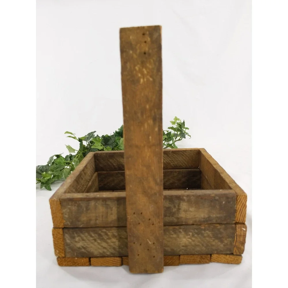 vtg Handmade Rustic Wooden Farmhouse‎ Crate Carry Basket Decor Planter Holder